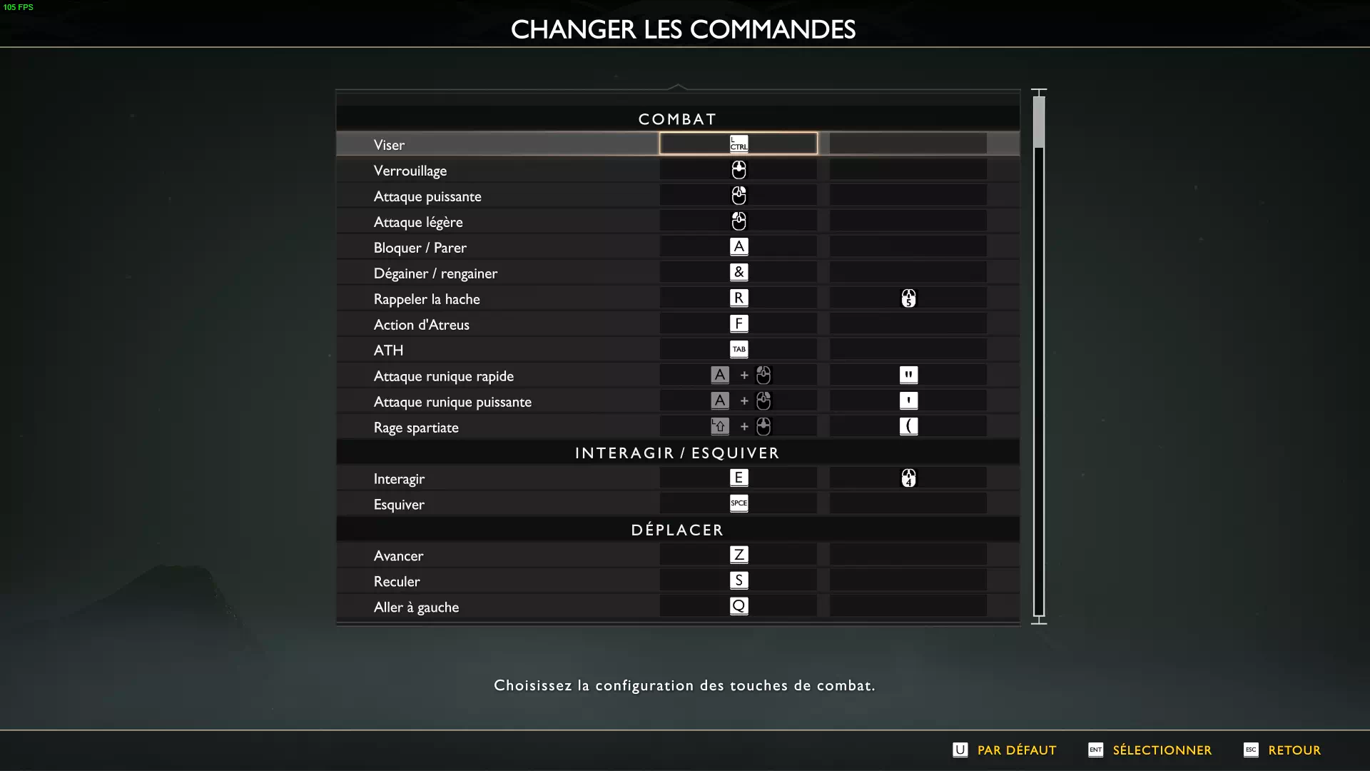 Voici le menu de God of War pour paramétrer vos touches de clavier et souris