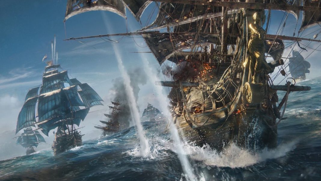 Graphique promotionnel de Skull & Bones montrant des navires pirates en combat sur une mer agitée.