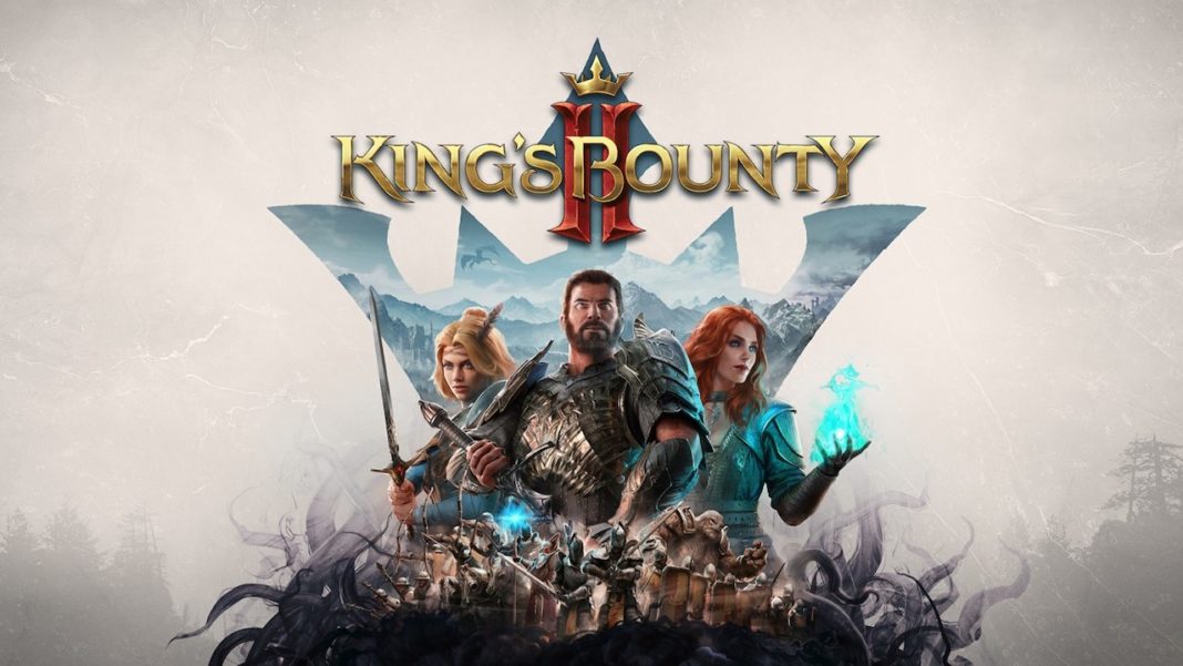Image de trois héros en armure se tenant devant un paysage de Nostria, avec le logo de "King's Bounty II" en surimpression