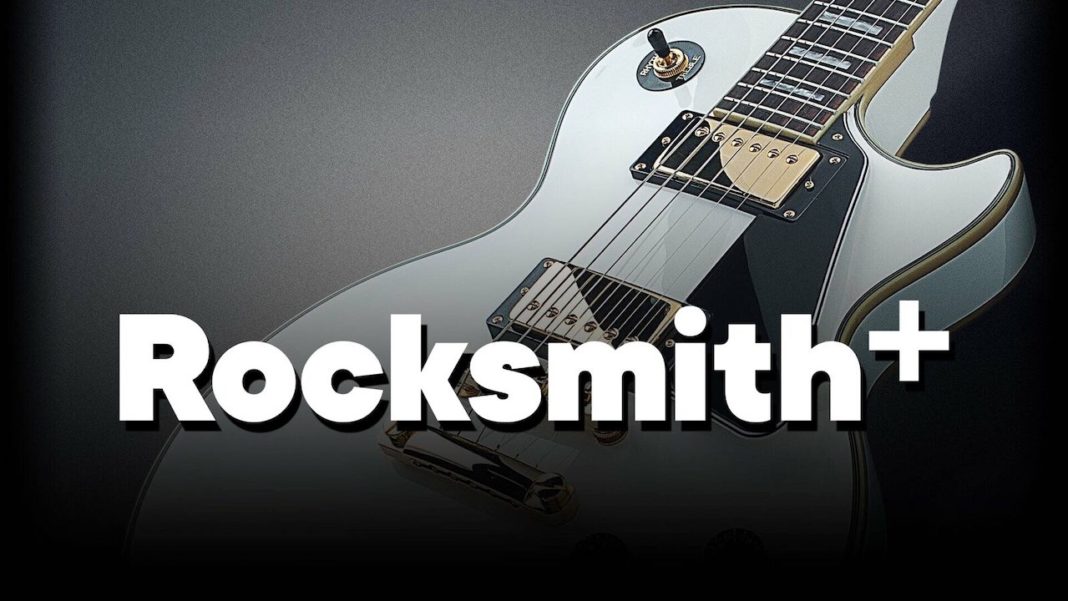 Logo de Rocksmith+ avec une guitare électrique en arrière-plan.