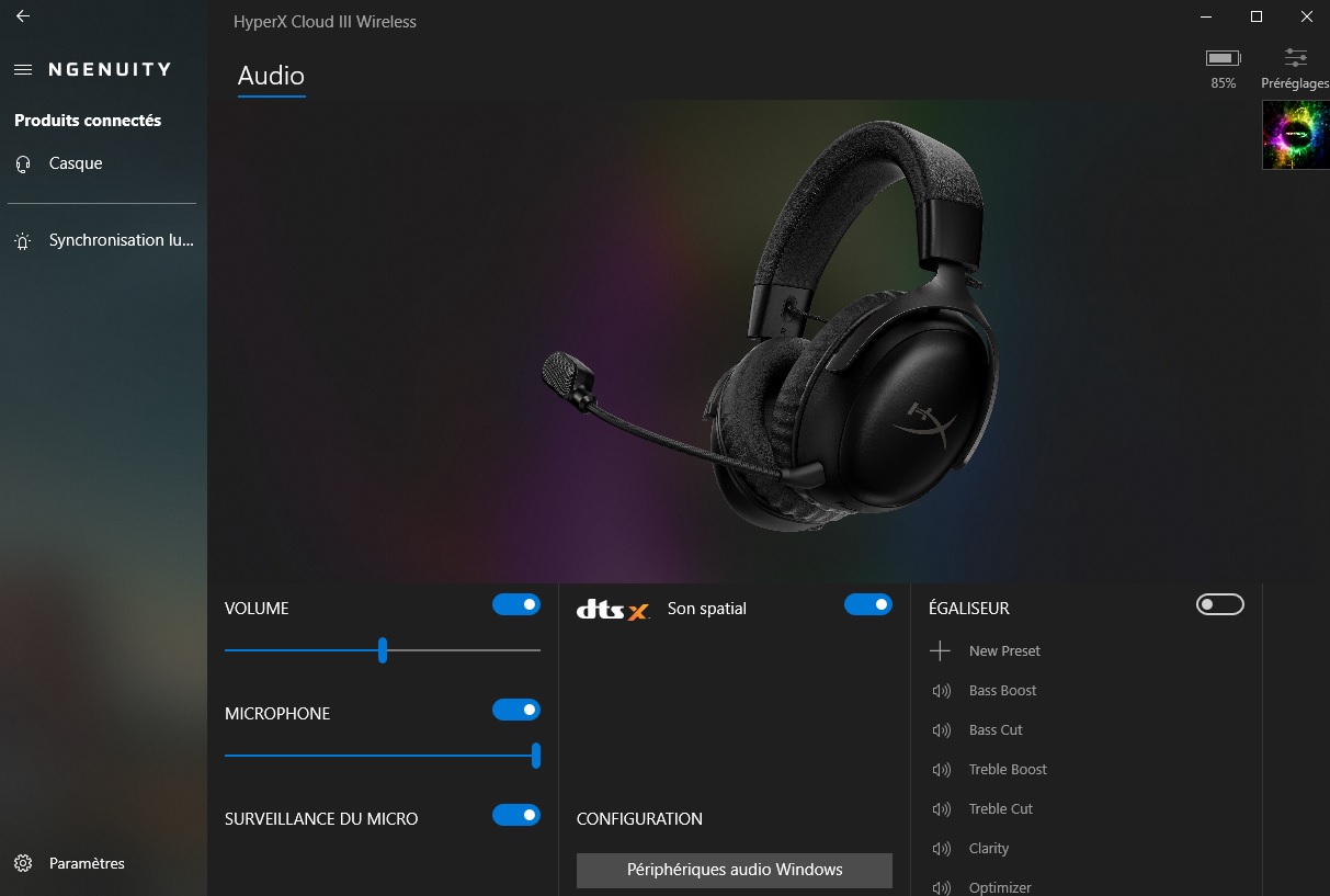 Le logiciel Ngenuity et les réglages audio du casqye HyperX Cloud III Wireless