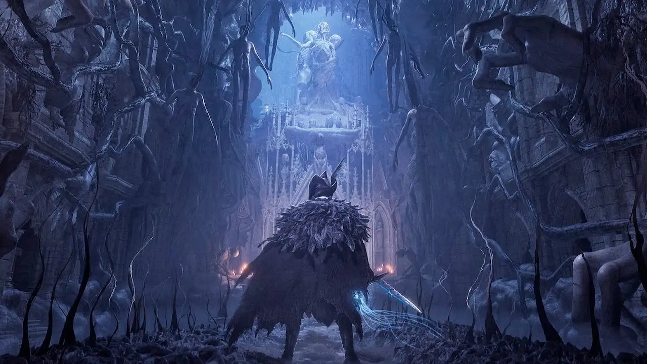 Le personnage du joueur dans Lords of the Fallen face à un environnement fermé et morbide.