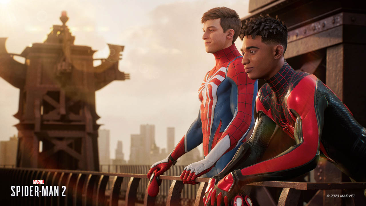 Pete et Miles, les deux héros de Marvel's Spider-Man 2 regardant à l'horizon