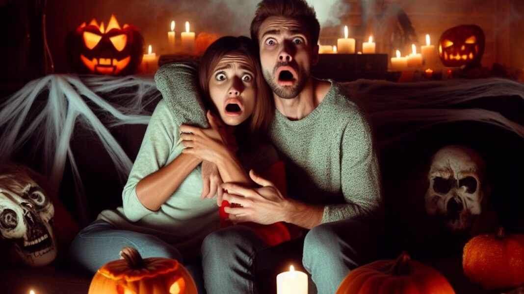 Deux personnes effrayées devant un film d'horreur un soir d'halloween