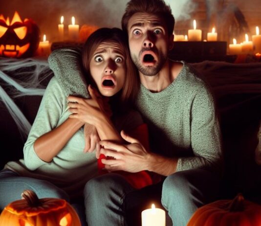 Notre top 10 des meilleurs films d’horreur à regarder pour Halloween Deux personnes effrayées devant un film d'horreur un soir d'halloween
