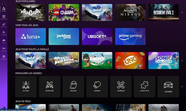 Interface de Luna, le service de jeu en streaming d'Amazon