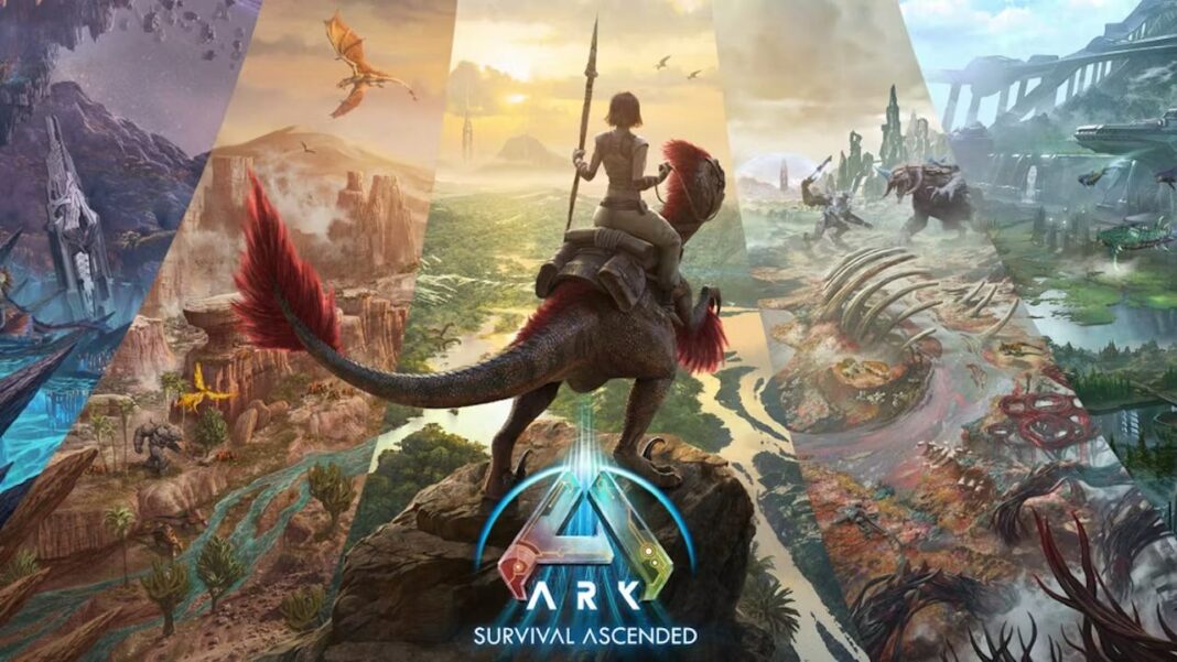 Artwork principal du jeu ARK Survival Ascended détaillant plusieurs paysages derrière le logo du jeu et un personnage montant un dinosaure