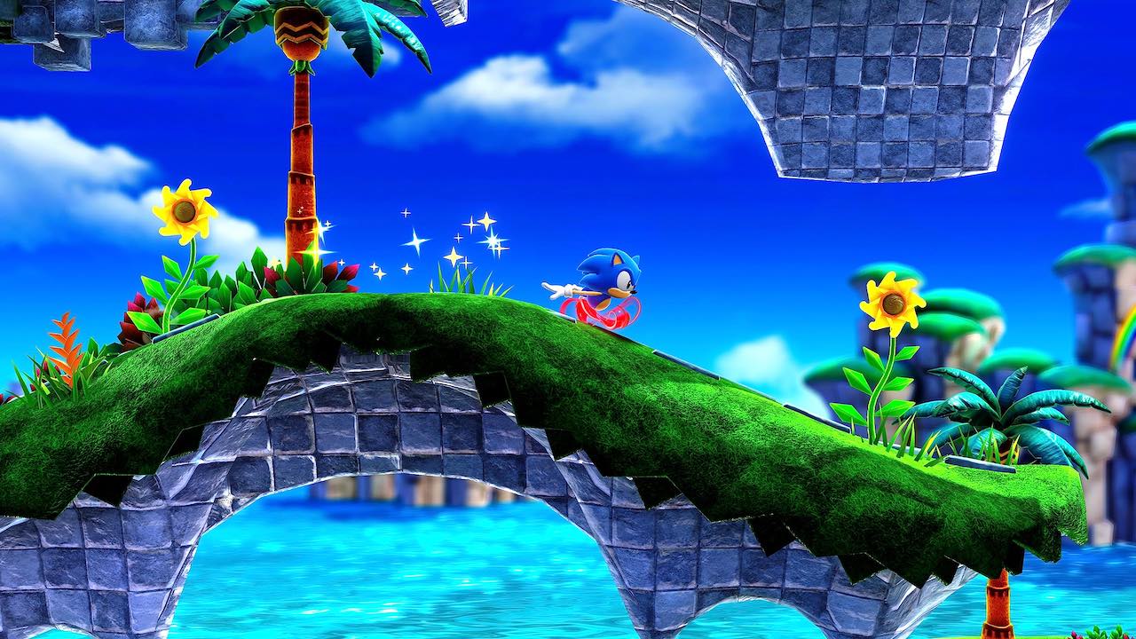 Sonic court à toute vitesse à travers un décor exotique dans Sonic Superstars