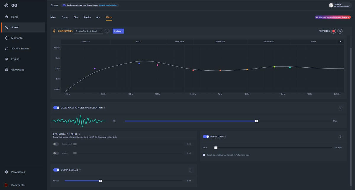 Le logiciel SteelSeries GG Sonar et les options qu'il propose pour le micro Alias Pro