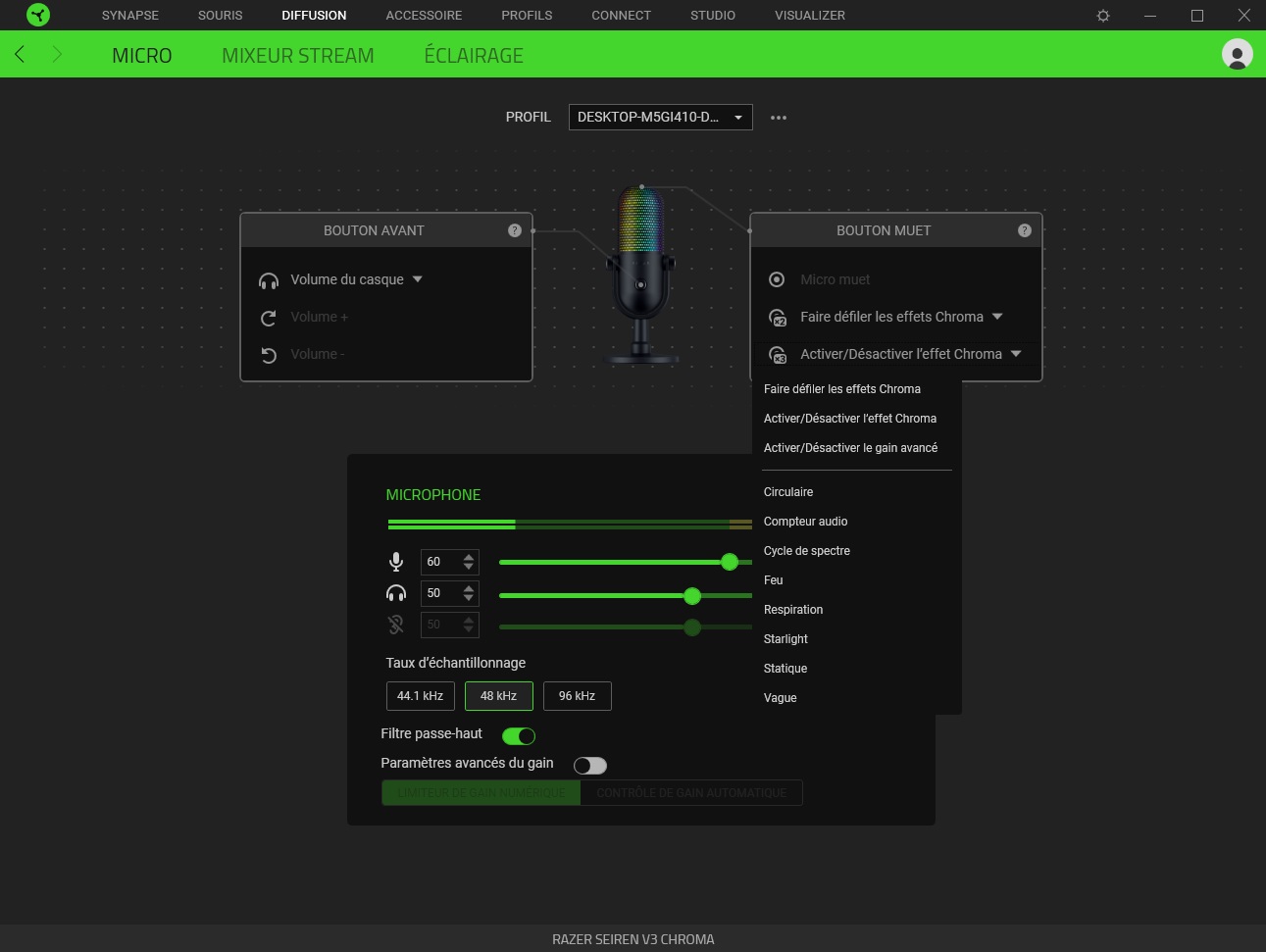 Options de réglages du micro dans le logiciel Razer Synapse