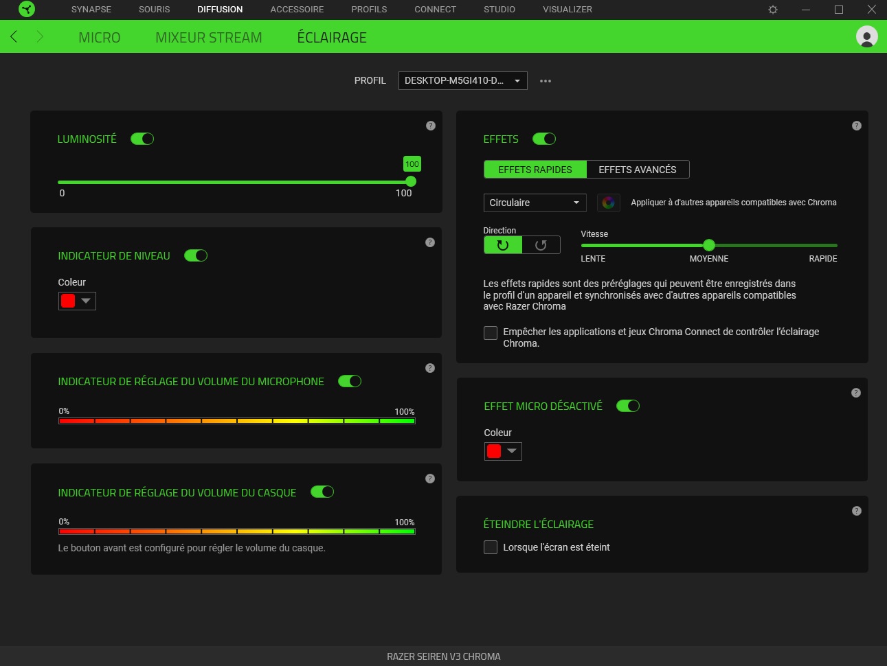 Différents réglages d'éclairage du micro sont disponibles dans le logiciel Razer Synapse