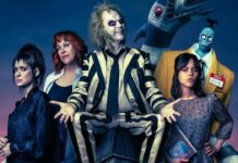 Avis – Beetlejuice Beetlejuice, retour fracassant au royaume des morts ? Affiche officielle de Beetlejuice 2 avec Michael Keaton, Jenna Ortega et le reste du casting, symbolisant le retour du célèbre fantôme déjanté.