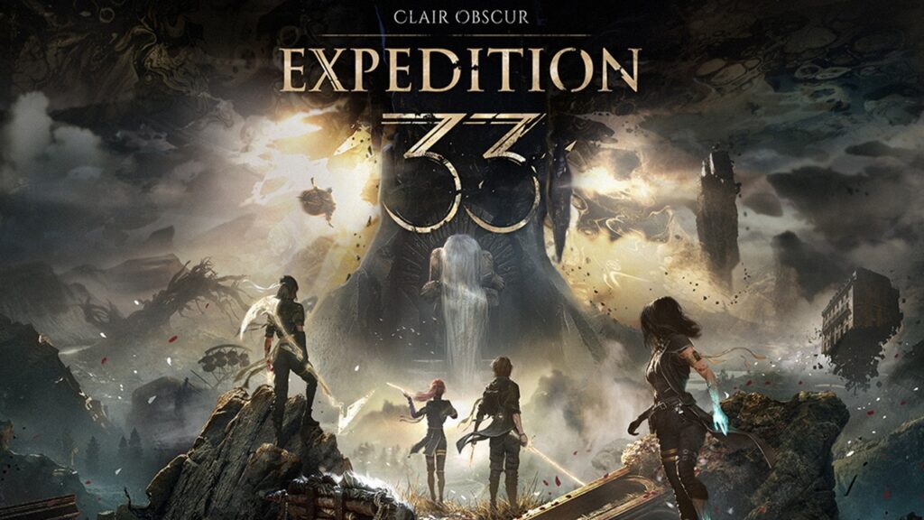 Illustration officielle de Clair Obscur: Expedition 33 montrant l’équipe face à la mystérieuse Tour du Continent