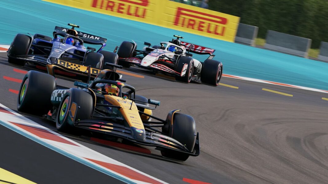 Capture d’écran de F1 25 montrant trois monoplaces en pleine course sur le circuit de Miami