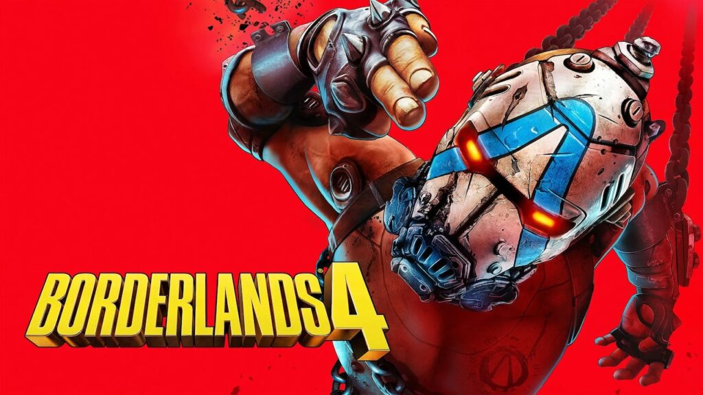 Artwork officiel de Borderlands 4 avec un personnage masqué sur fond rouge, visuel promotionnel du jeu de Gearbox