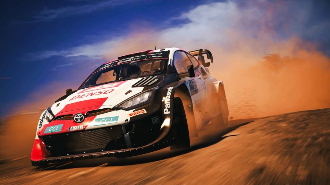 Voiture de rallye Toyota sur piste poussiéreuse dans EA Sports WRC