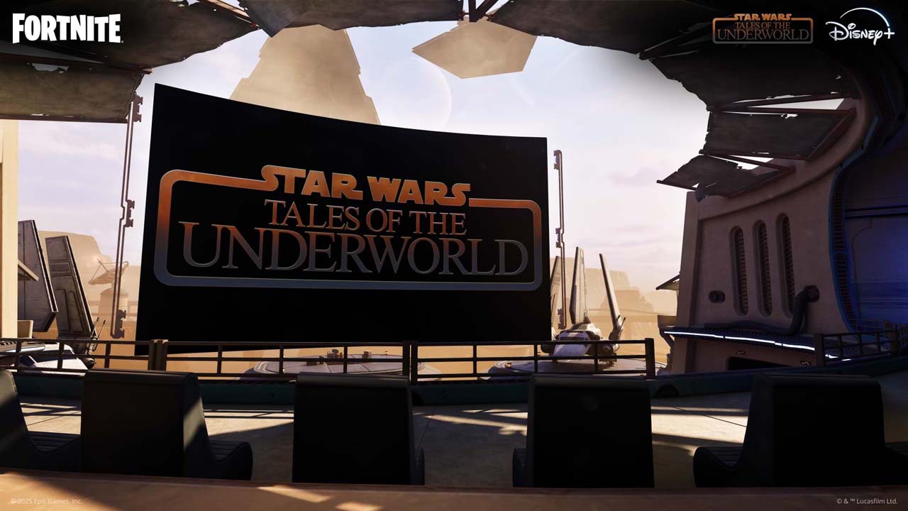  Écran géant diffusant Star Wars: Tales of the Underworld sur l’île Watch Party de Fortnite