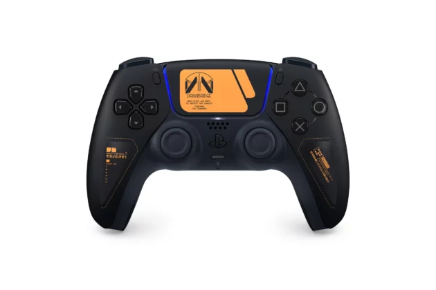 Manette DualSense Death Stranding 2: On the Beach vue de face, avec éclairage bleu activé