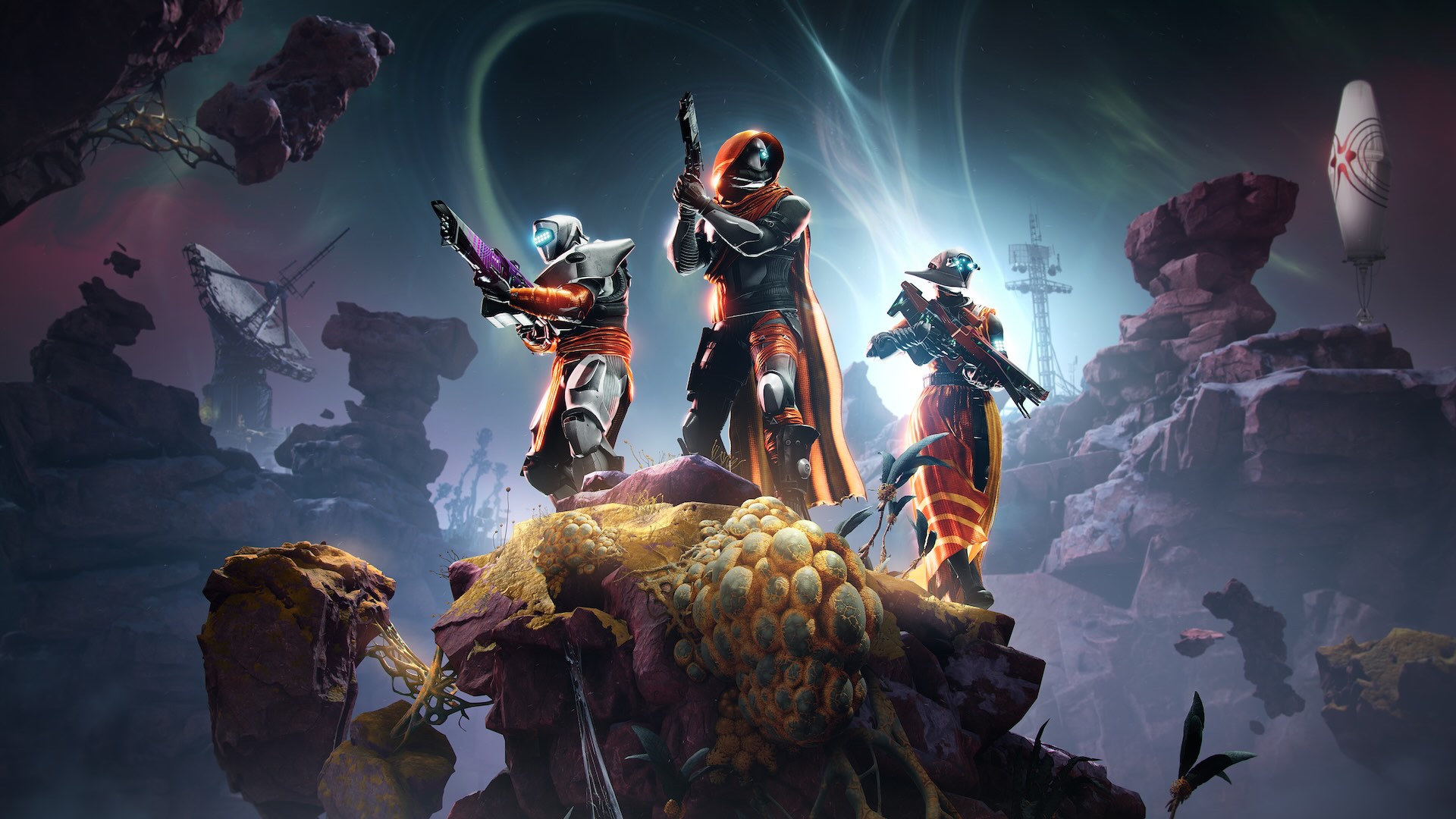 Trois Gardiens armés en armure sur Kepler dans Destiny 2 Les Confins du Destin