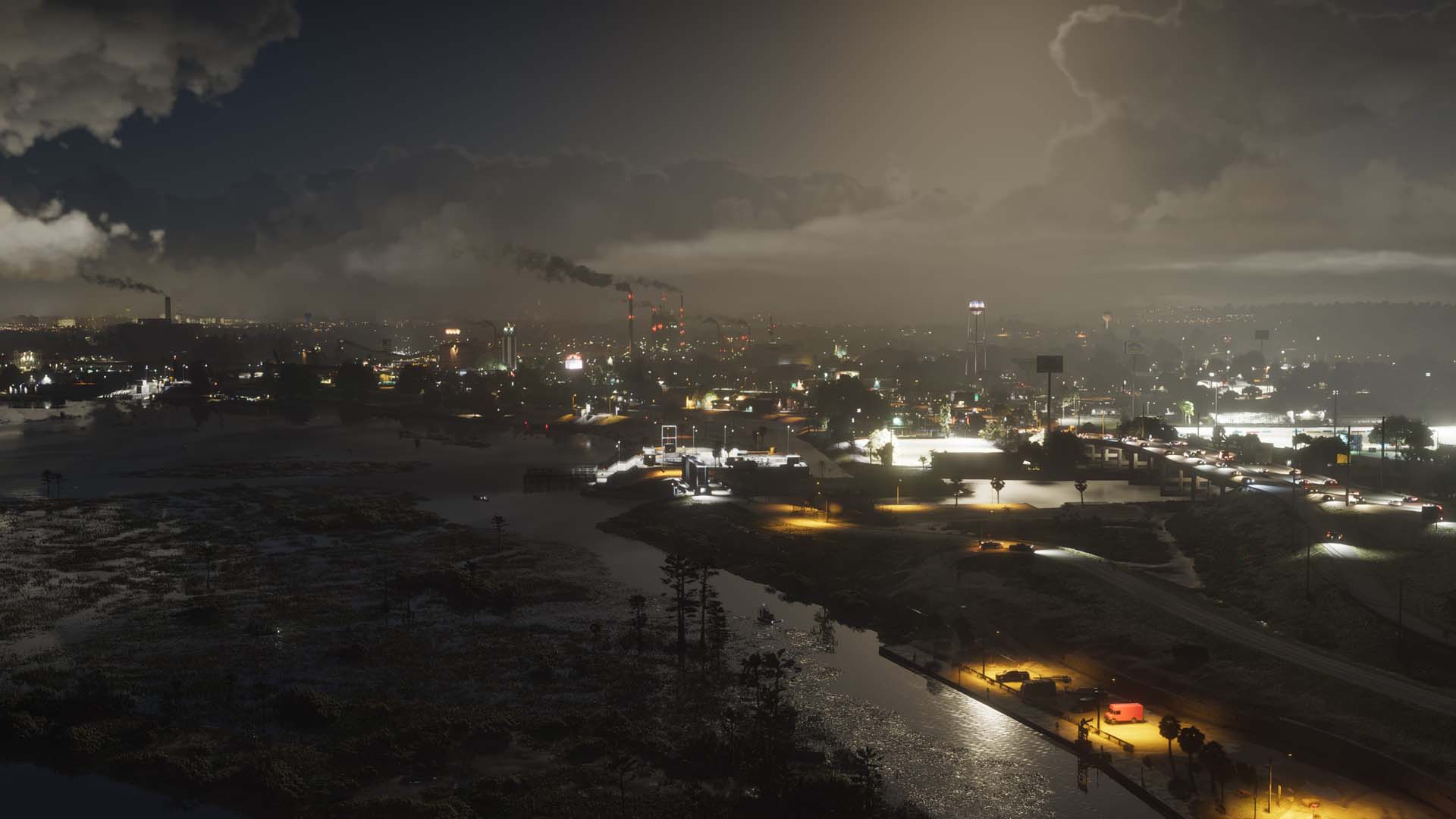 Vue nocturne d'Ambrosia dans GTA 6 avec usines, pollution et éclairage urbain