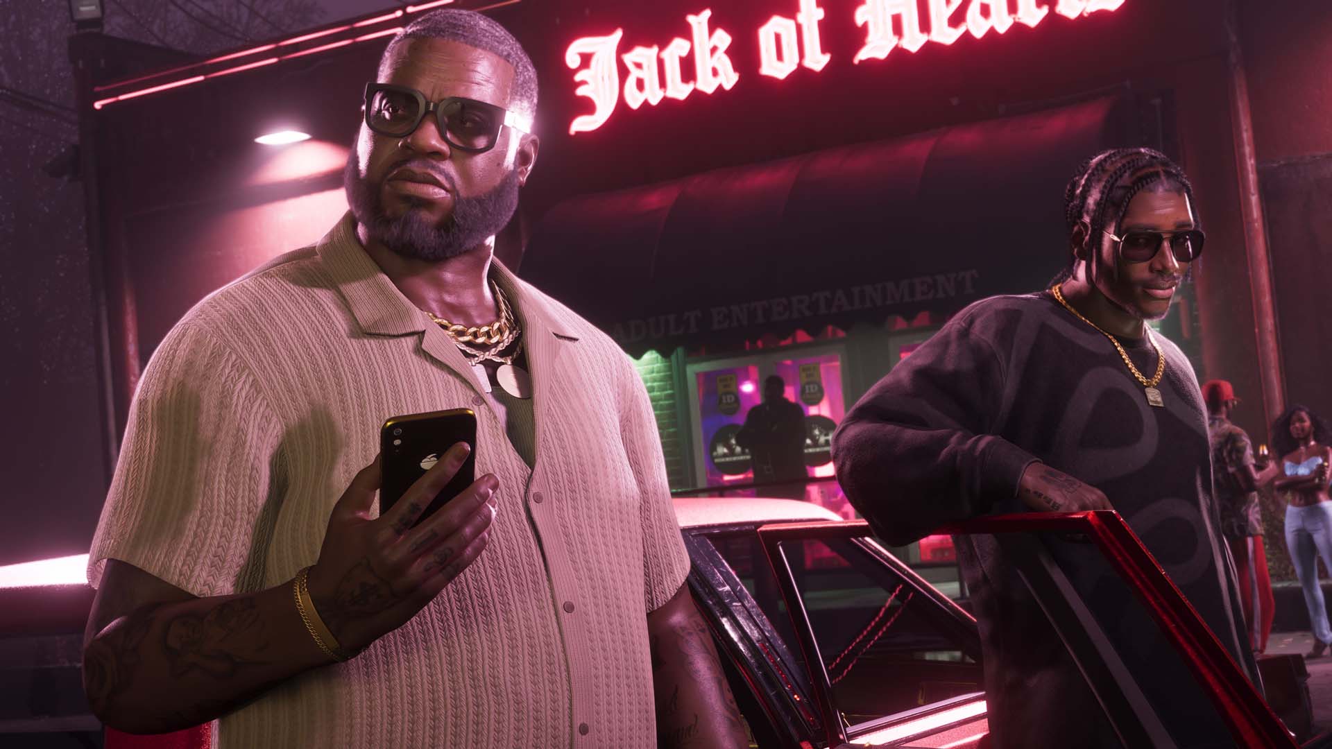 Dracoin Priest et Real Dimes devant le club Jack of Hearts dans GTA 6