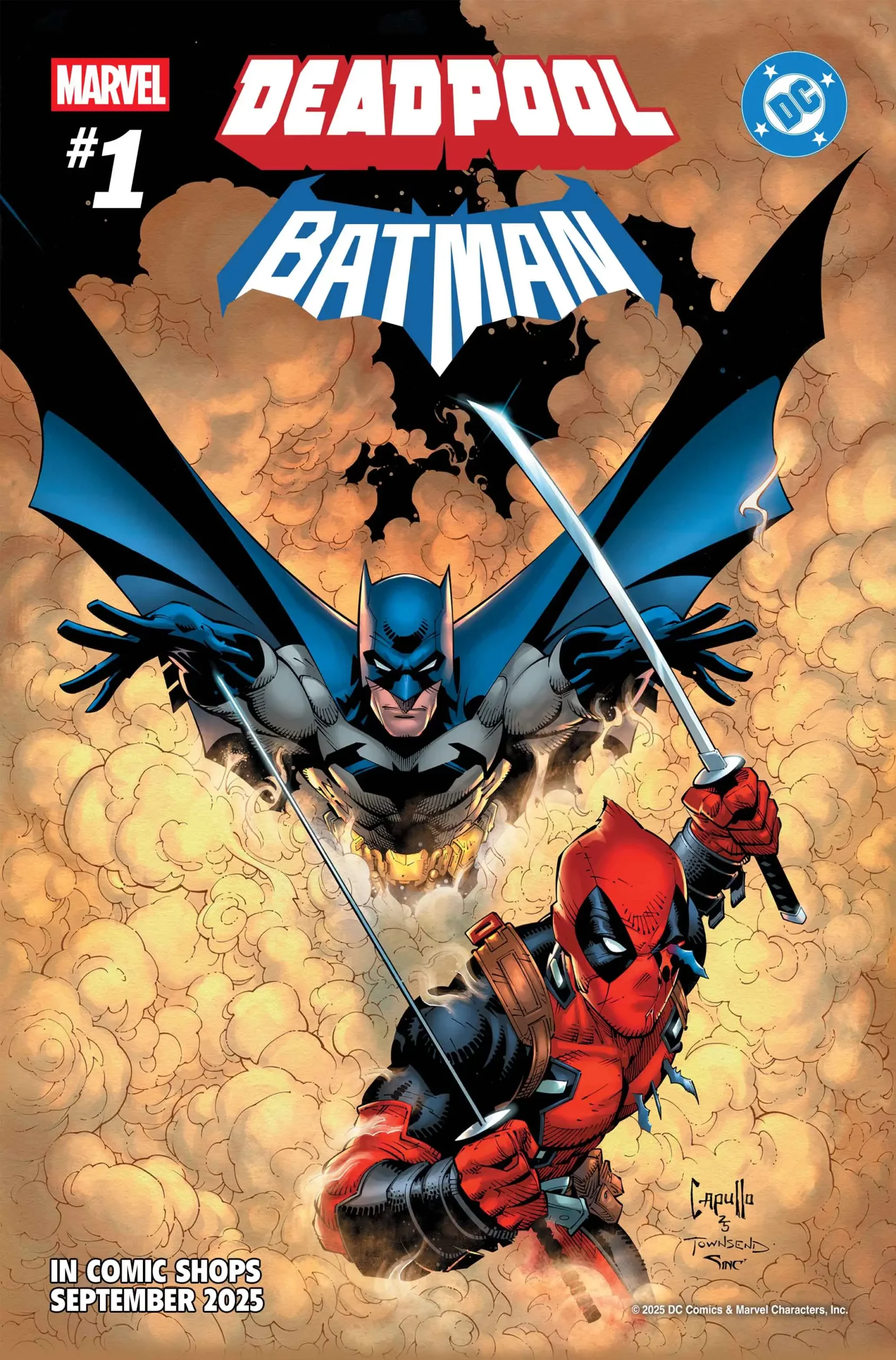 Illustration officielle de la couverture du comic Batman/Deadpool #1 publié par DC et Marvel en 2025
