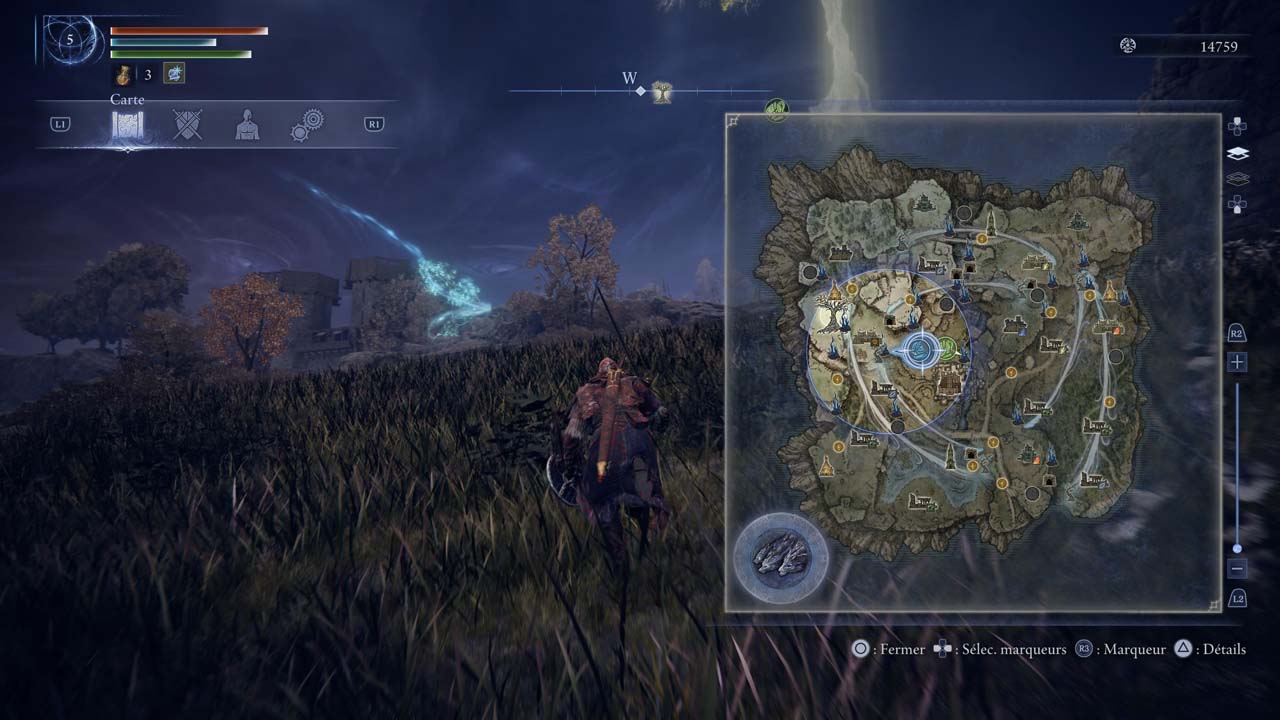 Carte du monde affichée en pleine exploration nocturne dans Nightreign