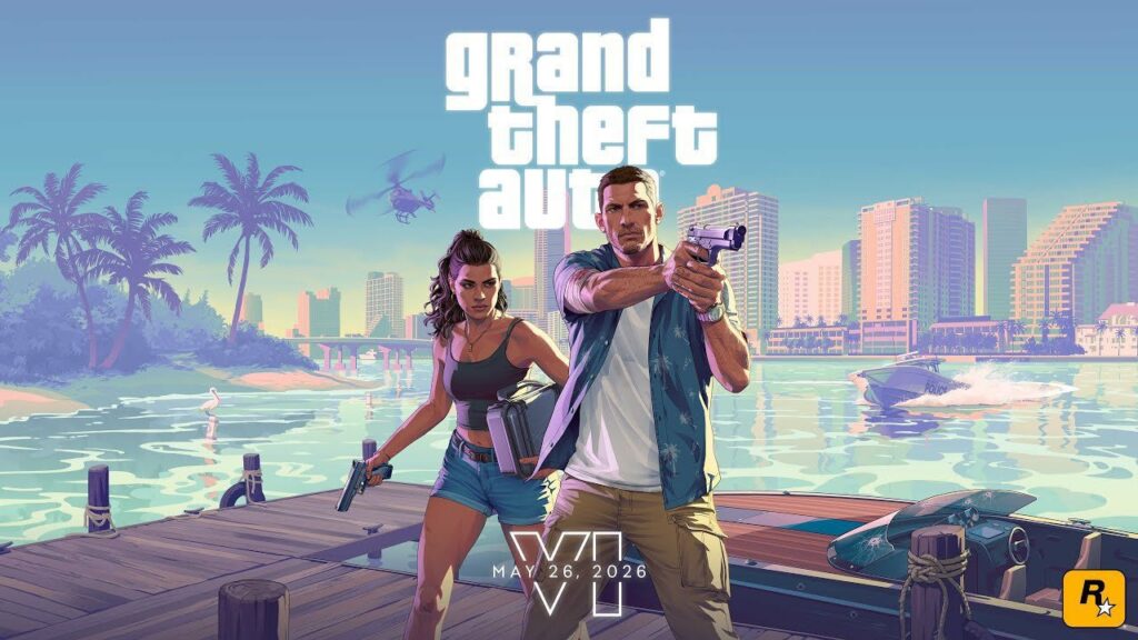Jason et Lucia armés sur un quai à Vice City dans Grand Theft Auto 6, date de sortie fixée au 26 mai 2026