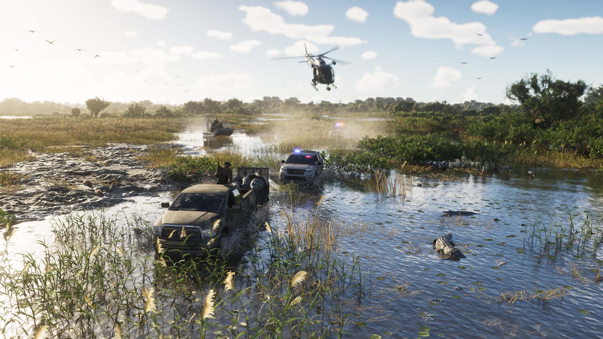 Course-poursuite dans les marécages de Grass Rivers avec hélicoptère et véhicules dans GTA 6
