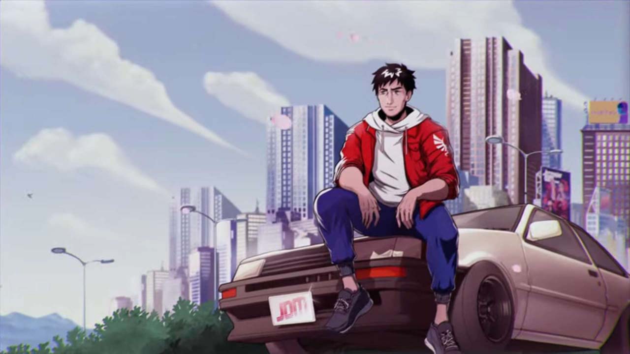 Illustration de Toma, le héros de JDM: Japanese Drift Master, assis sur une voiture de drift devant la skyline de Gintama