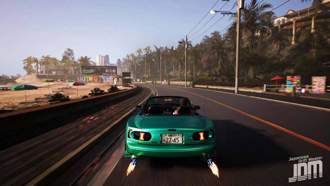 Séquence de gameplay dans JDM: Japanese Drift Master montrant un cabriolet vert en drift sur la côte de Guntama Island