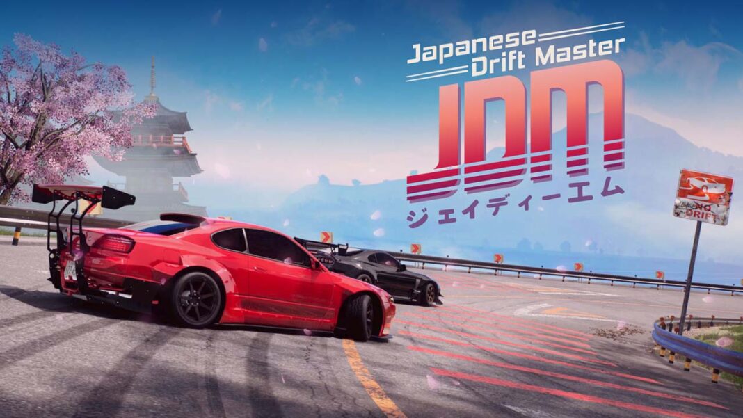 Affiche promotionnelle de JDM: Japanese Drift Master avec voitures en drift et logo du jeu en japonais