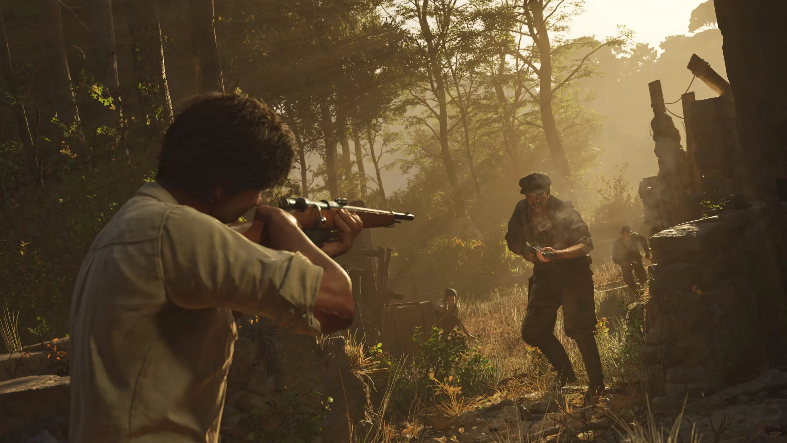 Scène de fusillade en pleine nature dans Mafia The Old Country avec Enzo Favara armé