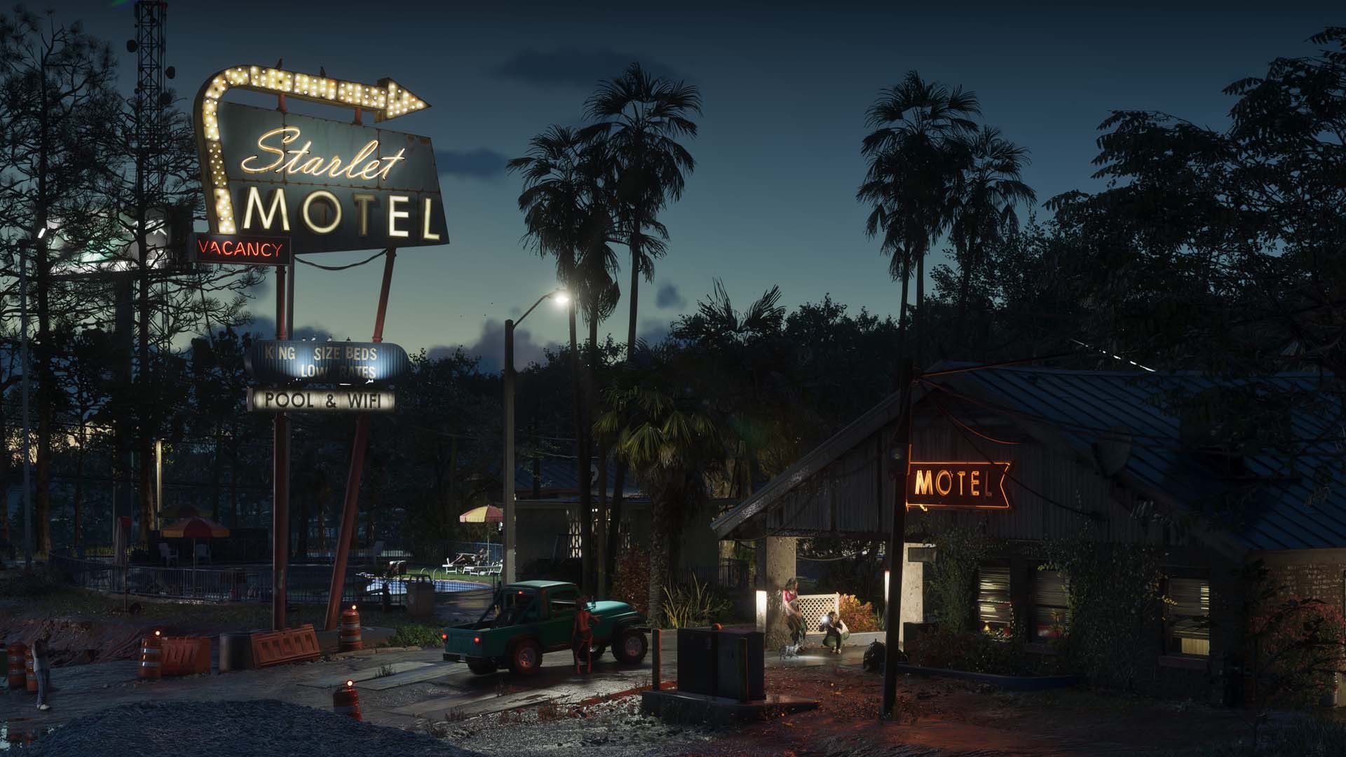 Port Gellhorn dans GTA 6, un motel vétuste éclairé de néons au milieu de la nuit