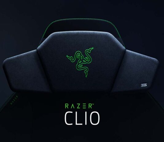 Razer Clio transforme votre chaise gaming en système audio immersif Coussin audio Razer Clio fixé à une chaise gaming compatible, avec logo THX visible