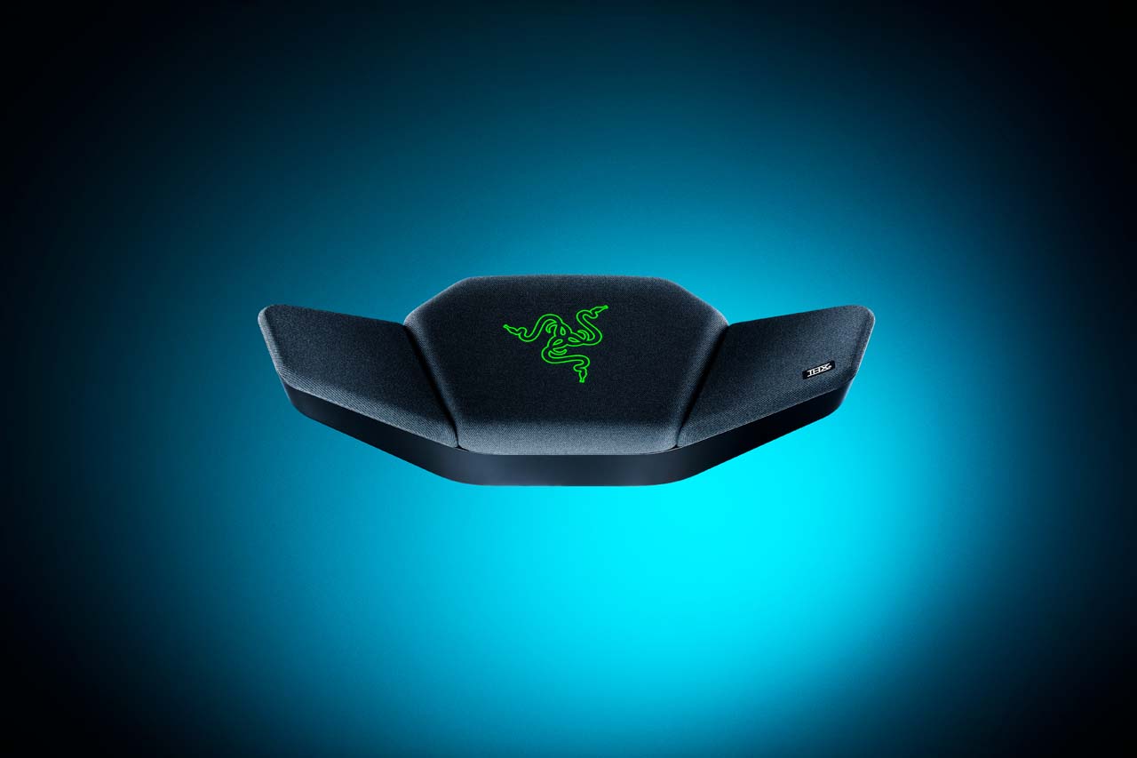 Coussin audio sans fil Razer Clio avec logo Razer vert et compatibilité THX Spatial Audio