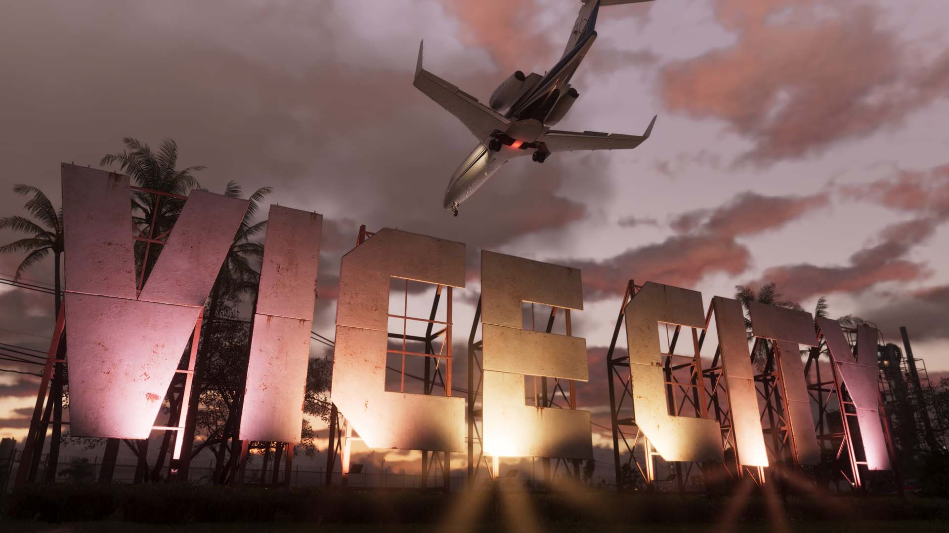 Un avion survole l’enseigne Vice City dans GTA 6, au coucher du soleil