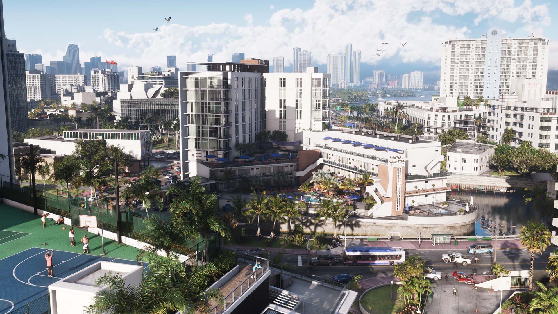Vue urbaine de Vice City en plein jour dans GTA 6, entre gratte-ciels et activités de rue