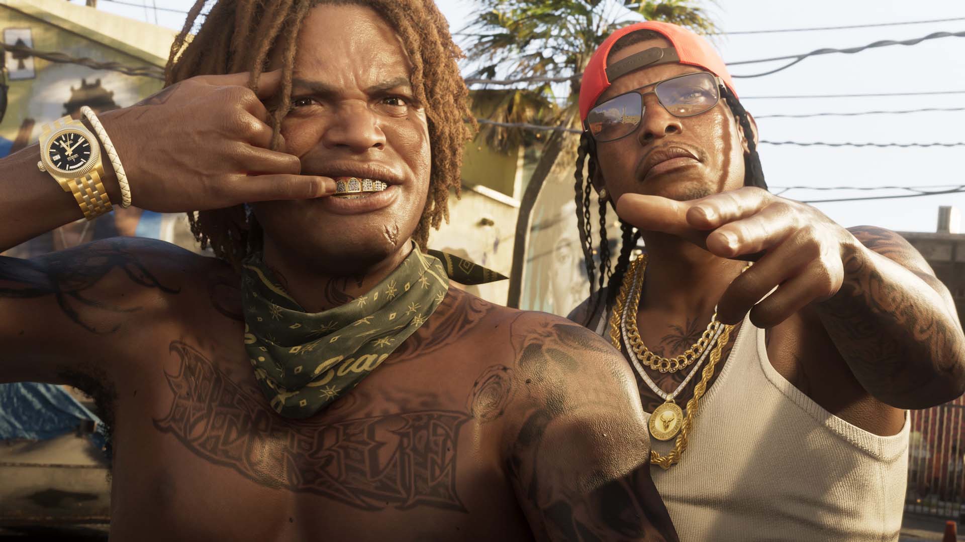 Real Dimes pose devant l'objectif dans GTA 6, entouré de graffitis et de symboles de rue