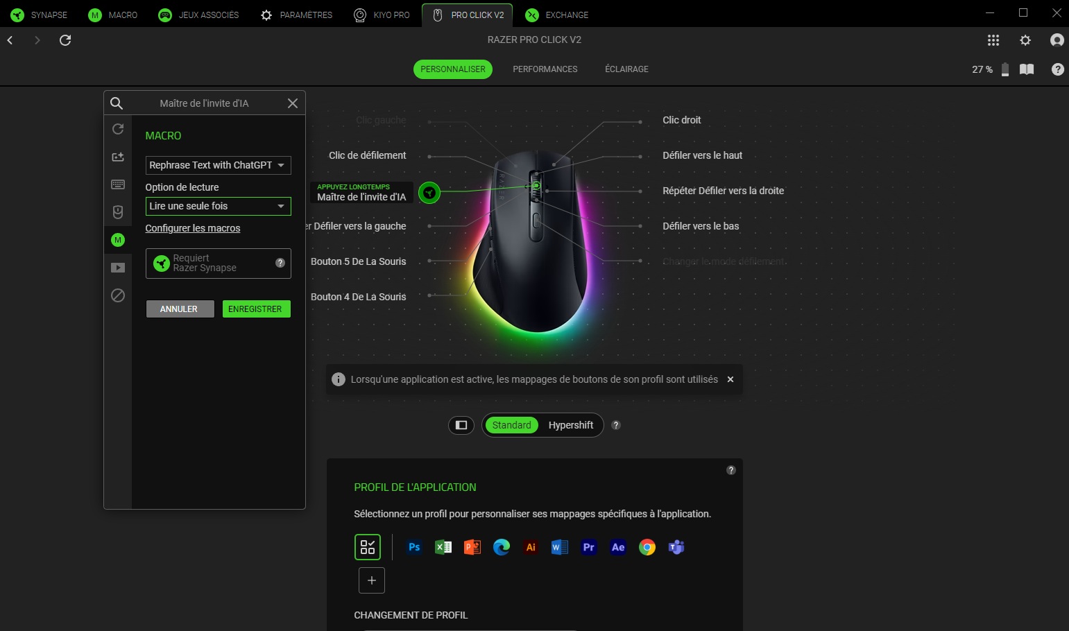 Interface Razer Synapse avec configuration des boutons de la Pro Click V2 et intégration de l’IA Prompt Master