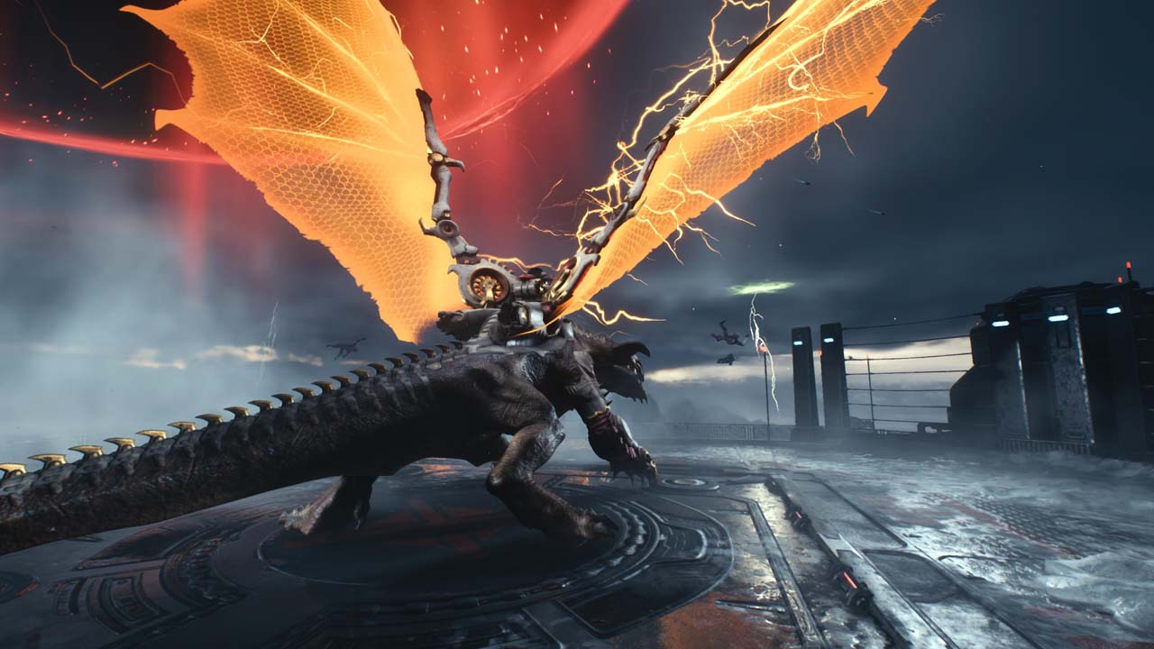 Vue spectaculaire d’un dragon aux ailes électriques sous un ciel orageux dans DOOM The Dark Ages