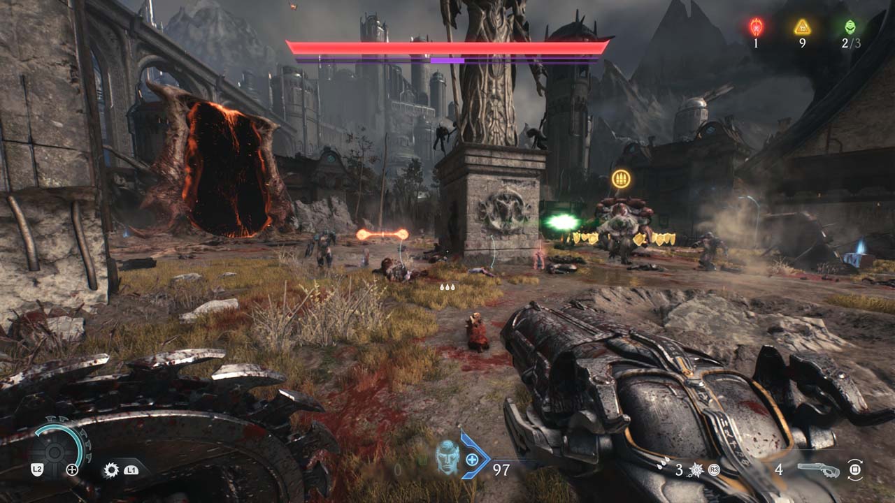 Combat de masse devant un portail démoniaque dans DOOM The Dark Ages sur PS5