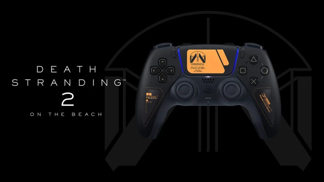 Visuel promotionnel de la manette DualSense Death Stranding 2 avec fond noir et logo Drawbridge