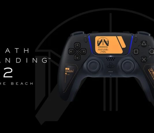 Death Stranding 2: Sony dévoile une DualSense aux couleurs du jeu Visuel promotionnel de la manette DualSense Death Stranding 2 avec fond noir et logo Drawbridge
