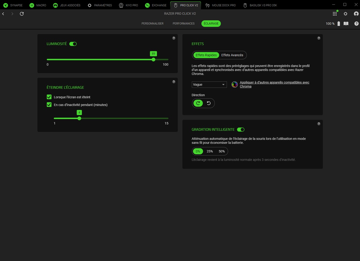 Réglage de l’éclairage Chroma RGB et gradation intelligente dans Razer Synapse pour la souris