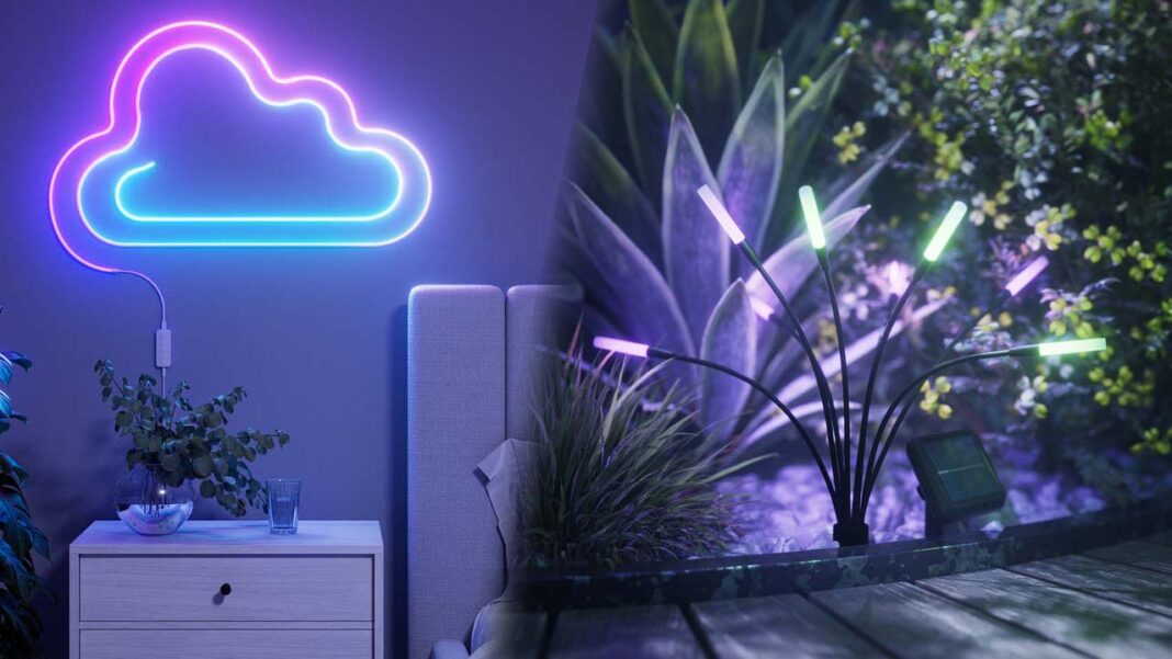 Visuel combiné du ruban lumineux Nanoleaf et des lampes solaires RGB pour l’extérieur