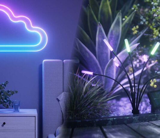 Nanoleaf présente deux nouveautés connectées: le Ruban lumineux et les Lampes solaires d’extérieur Visuel combiné du ruban lumineux Nanoleaf et des lampes solaires RGB pour l’extérieur