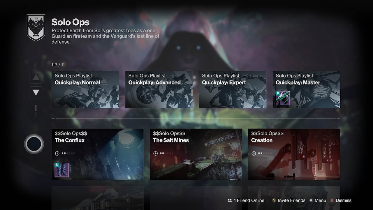 Aperçu de l’interface des Opérations en solo dans Destiny 2 via le Portail avec les playlists Normal, Avancé, Expert et Maître