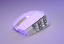 TEST – Corsair Scimitar Elite Wireless SE Souris Corsair Scimitar Elite Wireless SE blanche avec pavé latéral de 12 boutons, vue en gros plan sur fond violet.