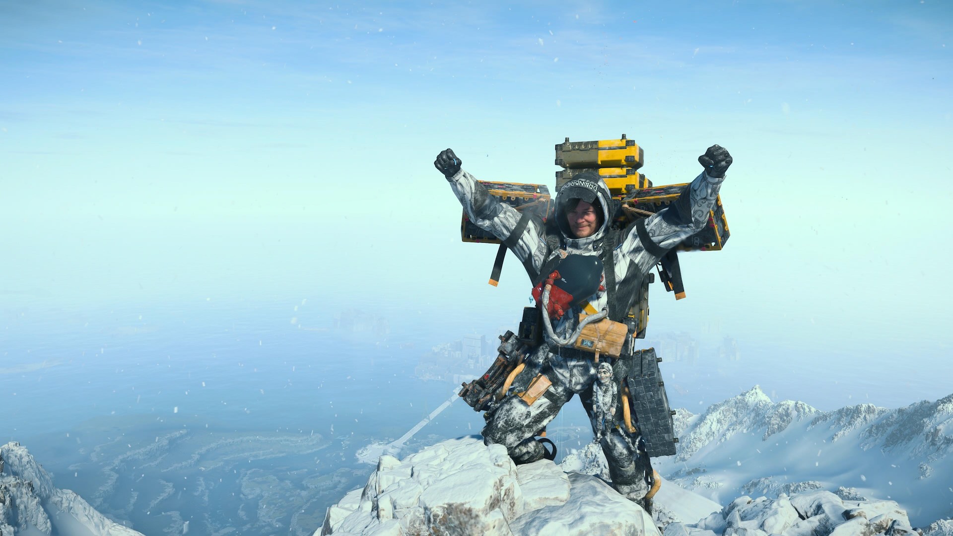 Sam Porter au sommer du monde et un paysage enneigé dans Death Stranding 2